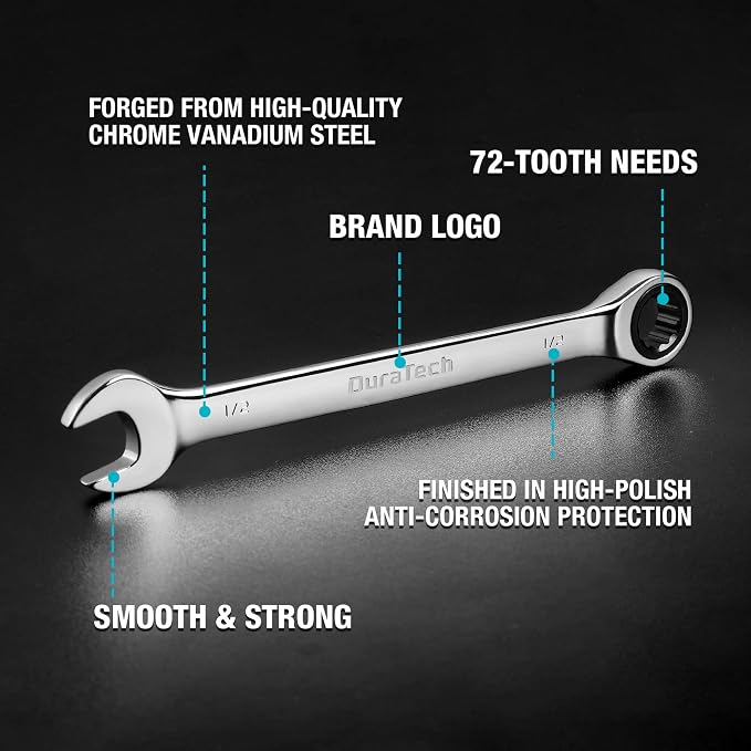 DURATECH 22-Piece Ratcheting Wrench Set, Combination Wrench Set, Metric&SAE | 1/4" to 3/4" & 6mm-18mm, CR-V Steel, Mirror Finish, for Auto & Machinery Repair, Home Maintenance, Portable Pouch Included
