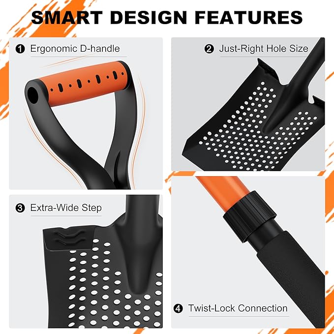 Sand Sifter Shovel for Beach: 42'' Sand Scoop for Metal Detecting with Ergonomic D-Handle - Sifting Shovel Twist-Lock Connection & Extra-Wide Step for Treasure Hunting & Metal Detecting Hobbyists