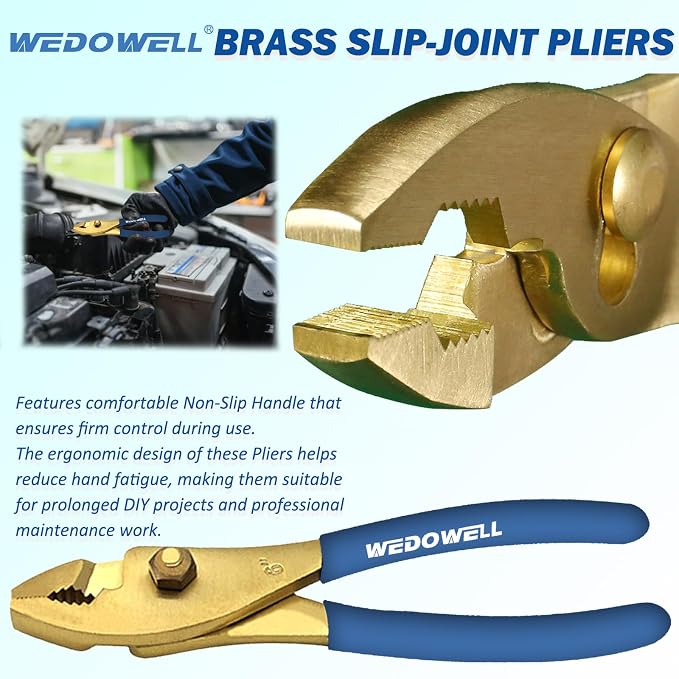 WEDOWELL 8" Brass Slip Joint Pliers,Wire Cutter with Rubber Grip Handle,Combination Pliers,Corrosion-resistance