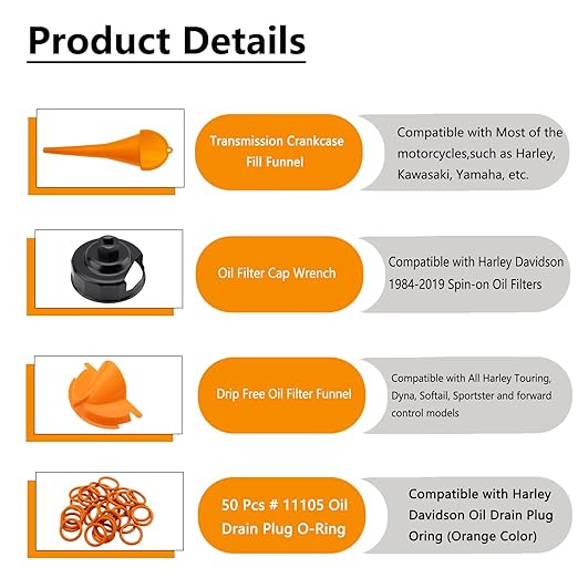 Oil Change Kit Compatible with Harley, Filter Cap Wrench, Crankcase Fill Tool, Primary Case Oil Funnel, Drip-Free Oil Filter Tool, 30Pcs Drain Plug O-Rings