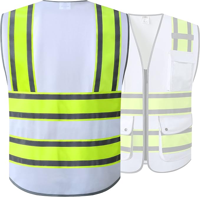 JKSafety 9 Pockets High Visibility Zipper Front Safety Vest | White with Dual Tone High Reflective Strips | Meets ANSI/ISEA Standards (901-White, XX-Large)
