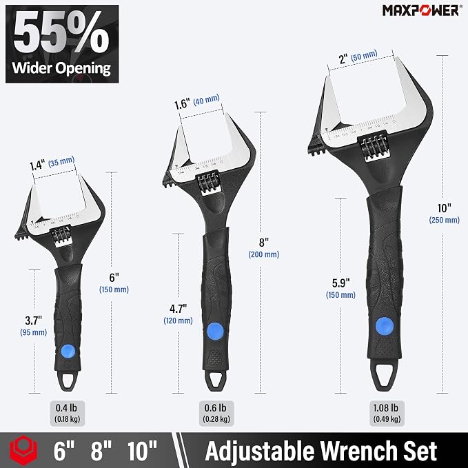 MAXPOWER 6 8 10-inch Adjustable Wrench Set, Wide Jaw Opening 1.4" 1.6" 2" | Soft Grips, Smooth Jaw, Stubby Plumbing Wrench Set