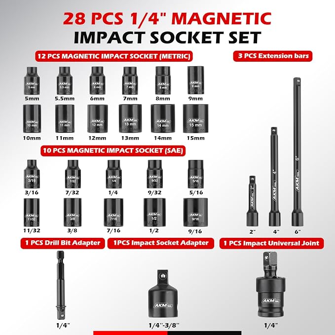 1/4 Inch Drive Magnetic Impact Socket Set, 28-Piece SAE/Metric, 1/4 Inch-9/16 Inch, 5mm-15mm, 6 Point, Cr-Mo, Square Drive, with Impact Socket Adapter, Universal Joint & Extension