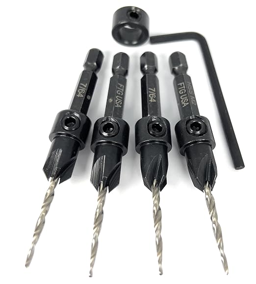 FTG USA Countersink Drill Bit Set 4 Pc #4 (7/64") Wood Bit, Tapered Bit, Stop Collar, Hex Wrench for Woodworking