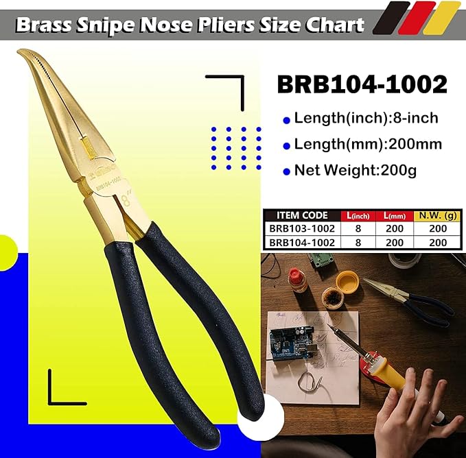 WEDO Bent Nose Pliers - 8" Brass Needle Nose Pliers with Non-Slip Handle, Length 200mm