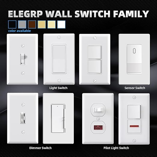 ELEGRP 3 Way Toggle Light Switch with Plate, 15 Amp, 120 V, Toggle Framed AC Quiet Switch, in Wall On/Off Switch, Self-Grounding, Residential and Commercial Grade, UL Listed (5 Pack, Glossy White)