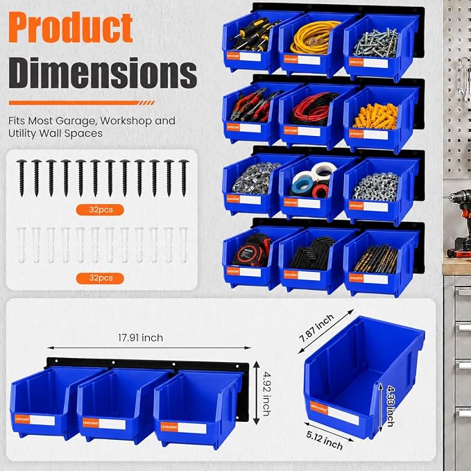 12pc Wall-Mounted Storage Organizer Set with Metal Rails Blue | Heavy duty tool organization box with metal rails. Ext 7"x5"x4" for garage screws nuts bolts.