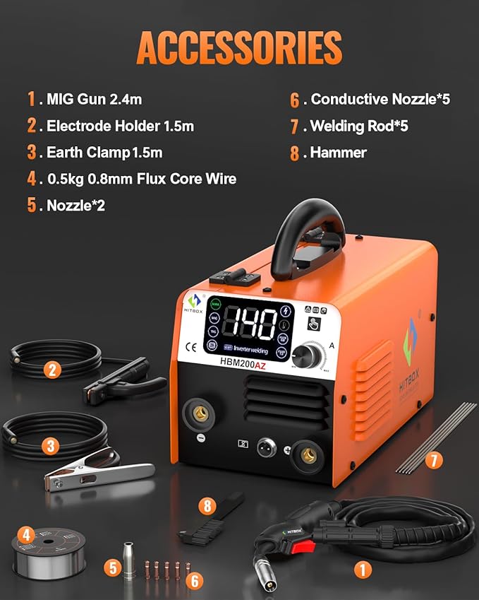 HITBOX 140A Mig Welder Machine 110v 3 in 1 Flux Core Welding/Lift TIG/Stick Gasless Wire Maquina de Soldar Upgraded Handheld Welder Gun Welding Kit High-End Chip with IGBT Inverter LED Display