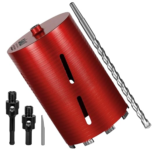 SALI Diamond Core Drill Bits 6 1/4" Diameter 10"/254mm Drilling Depth 5/8-11" Thread Core Bit Turbo Laser-Welded Segments for Cured Concrete with Brick Block Masonry with Two Adapters（Red）
