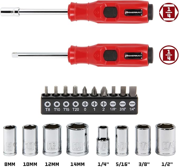 Powerbuilt 1/4" Dr. 20 Pc. Impact Bit Screwdriver and Nut Driver Set, Includes SAE, Metric Sockets, Phillips, Slotted, Star Bits, Adapter- 647768