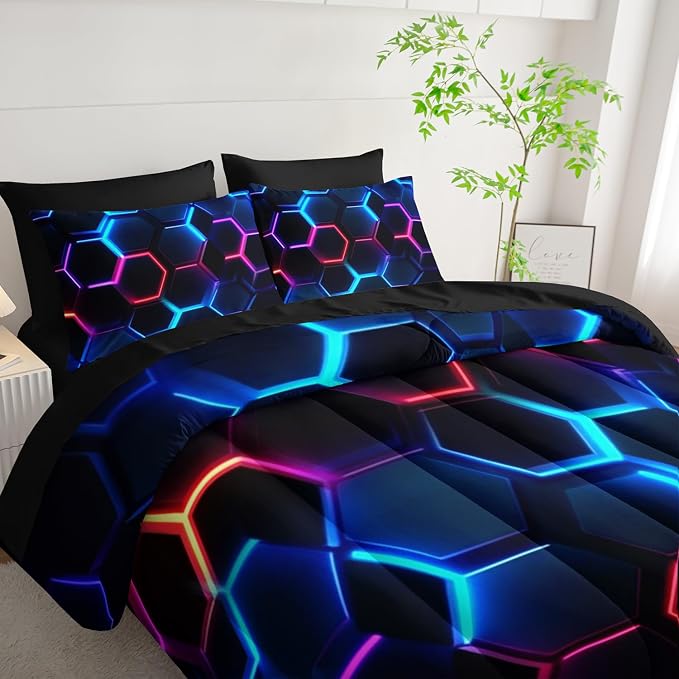 Geometric King Comforter Set,Colorful Neon Lights Honeycomb Bedding Set 7 Piece with Comforter Fitted Sheet Flat Sheet Pillowcases,Bed Sets Geometry Decor,Microfiber Lightweight All Season.
