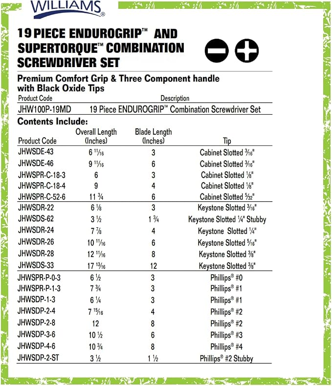 Williams JHW100P-19MD 19 Piece Endurogrip and Supertorque Premium Mixed Screwdriver Set