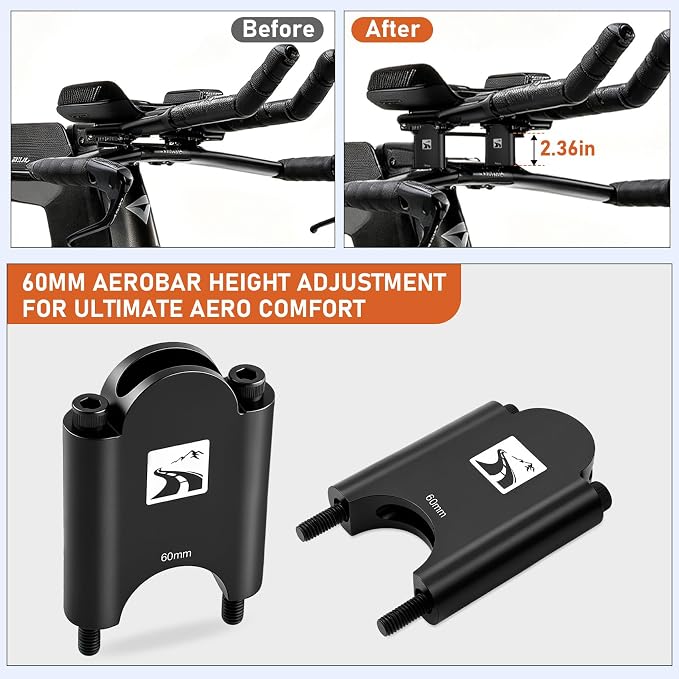 60mm Aluminum Aerobar Riser Kit, Clip On Aero Bars Armrest Handlebar Spacers for Road Bike Triathlon and Time Trial, Compatible with Profile Design 31.8mm Clamp, with M5 & M6 Mount Bolts