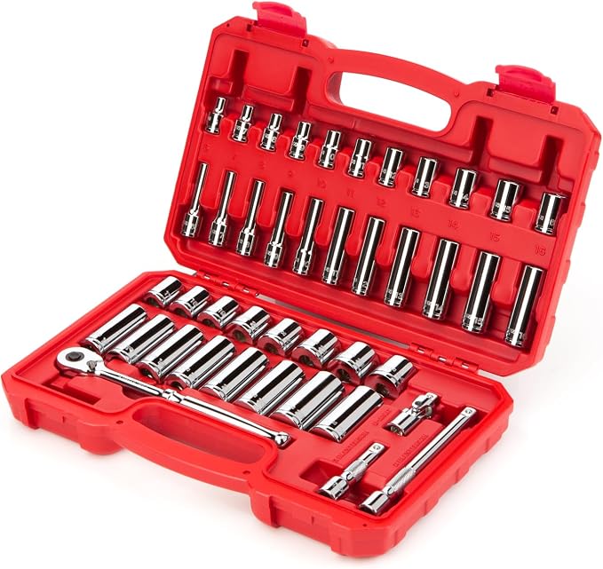 TEKTON 3/8 Inch Drive 6-Point Socket and Ratchet Set, 42-Piece (6-24 mm) | SKT15201 | (6 - 24 mm), Shallow and Deep, Case