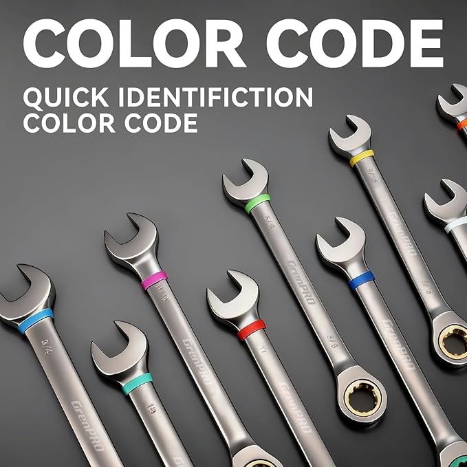 GRENPRO Ratcheting Wrench Set, Combination Wrench Set Metric And Standard & SAE With Color Ring, 1/4" to 3/4" & 6-18mm, 23PC Open End Ratchet Wrenches With Roll Up Pouch, CRV Socket Mechanic Tool Sets