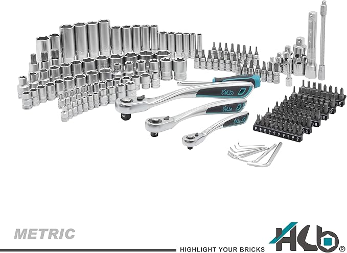 HB 168-Piece Socket Set, 120-Tooth Ratchets (1/2, 3/8, 1/4) & Case