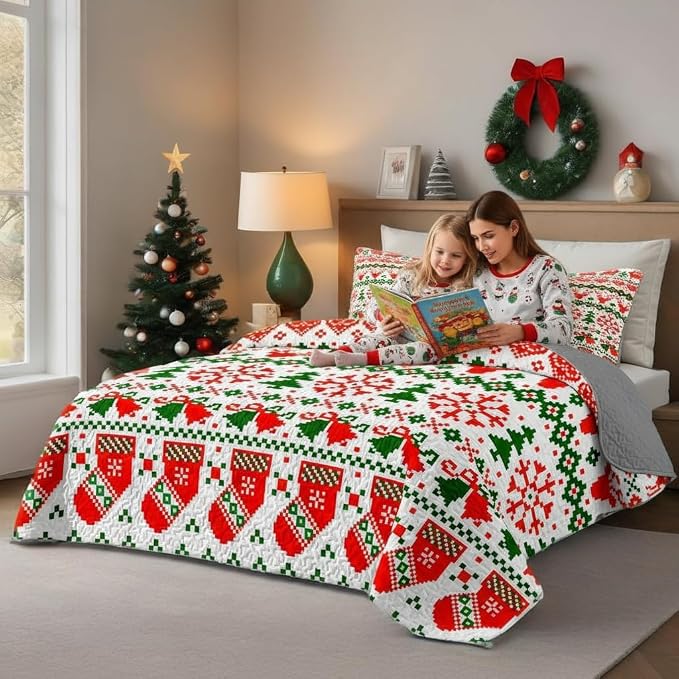 Merry Christmas Boho Red Quilt Set King- Socks Deer Snowflakes Christmas Bell Printed Holiday Bedding Set - Soft Microfiber Lightweight Comforter Coverlet Bedspread(Socks, King(90"x104"))