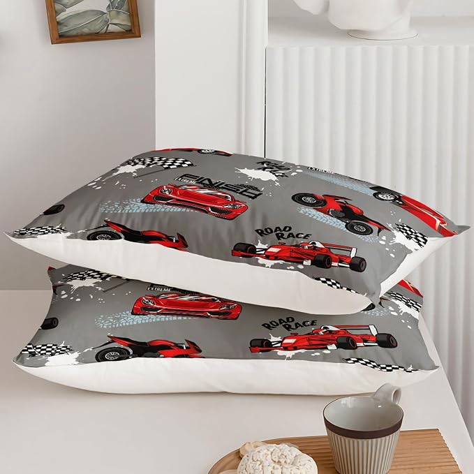 Axolotl Kids Racing Car Comforter Set King Size,Cartoon Race Car Bedding for Boys Girls Teen,Extreme Sport Bedding,Cars Racing Race Cars Quilt Bed Set with 1 Comforter 2 Pillowcases,Red Grey