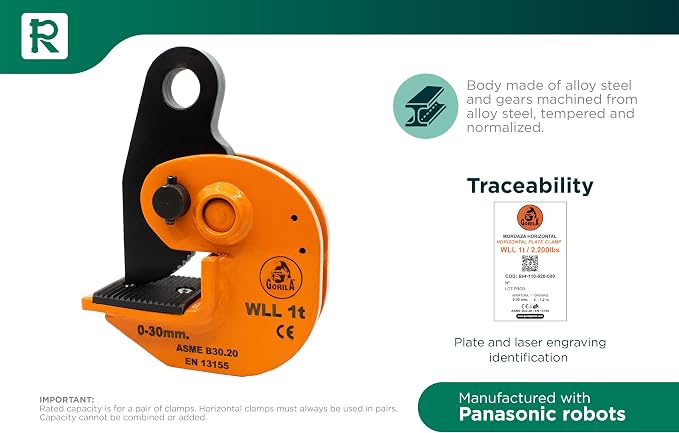 GORILA horizontal plate clamp | 2200lbs / 1 ton | Jaw opening 1.2 inch/30mm | Industrial and heavy duty Steel plate clamp for lifting and transporting | Safety factor 4:1 | Since 1989