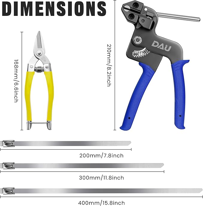 DAU Stainless Steel Cable Tie Gun Kit-150PCS Metal Zip Ties (3 Sizes), Tensioning/Cutting Tool for Fencing, Chicken Coop, Cable Bundling, Exhaust Repair & Structural Reinforcement