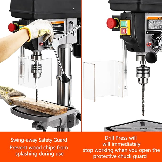 13 in Floor Drill Press, 7.5 Amp 120V Pure Copper Motor with Swing-away Safety Guard, 288-3084 RPM Variable Speed, 0-45°Tilting Worktable, Tabletop Drilling Machine for Wood Metal