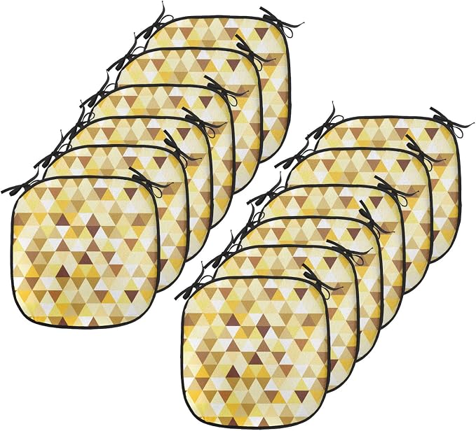 Lunarable Geometric Chair Cushion Pads Set 12, Triangle Pattern Happy Autumn Color Style Design, Anti-Slip Seat Padding for Kitchen & Patio, 16"x16", Earth Yellow Sepia