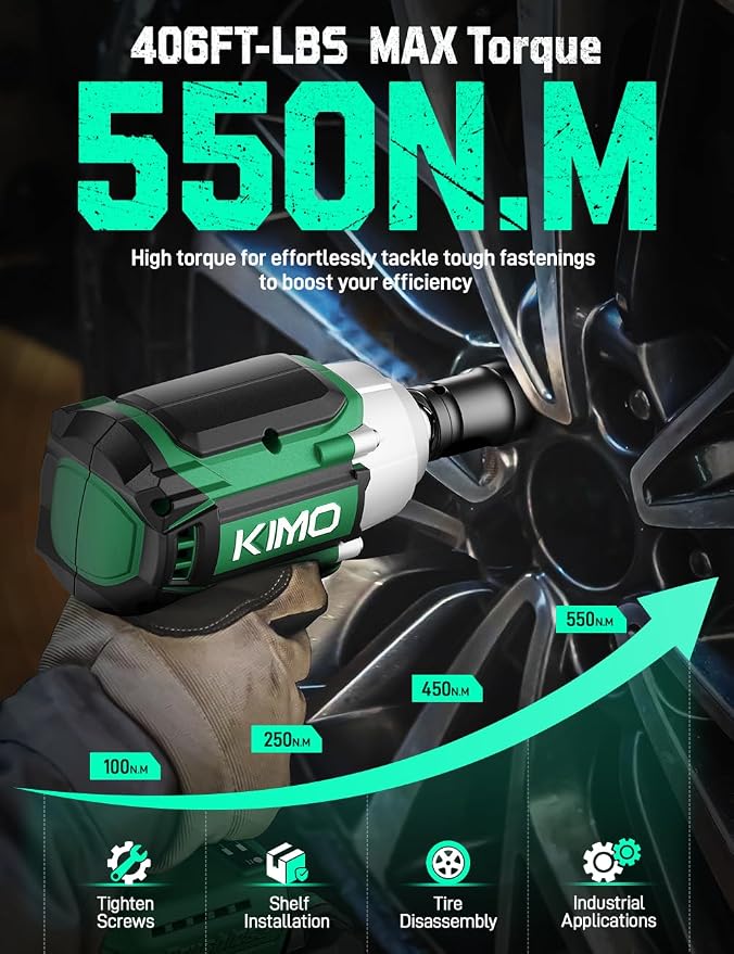 KIMO Impact Wrench 1/2 Cordless, Impact Gun for Car Tire, 20V Impact Driver | 550N.m (410ft-lbs), 4000RPM/3500IPM , 4 Sockets, 9-Piece Drill& Driver Set, Safety Lock, Variable Modes, 4000mAh Battery