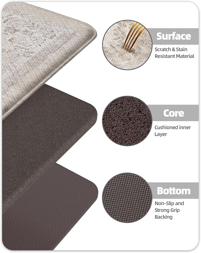 Color&Geometry Anti Fatigue Kitchen Mats for Floor 2 Piece 24"x59"+24"x87", Vintage Kitchen Rug Set, Waterproof & Oil Proof, 0.4" Thick Cushioned, Non-Slip Wide Runner for Sink, Laundry,Khaki