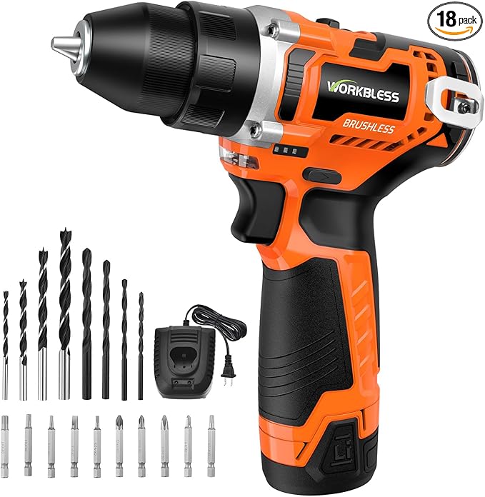 12V Brushless Power Drill, Cordless Drill with LCD Smart Display, 29+1 Torque Setting, 3/8 Inch Keyless Metal Chuck, 2.0Ah Battery, Fast Charger and 18Pcs Bits Included(Orange)