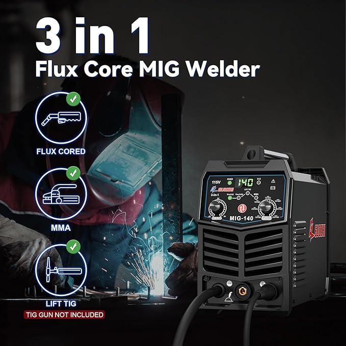 GZ GUOZHI 140A MIG Welder, 3 in 1 Welder FLUX MIG/ARC/Lift TIG Multi-Process Mig Welder, 110V Welding Machine, Welder Machine 110v Flux Core Welder with Welding Gun