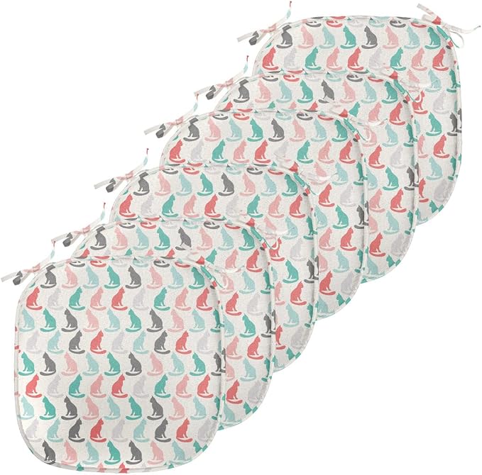 Lunarable Cat Chair Seating Cushion Set of 6, Pattern of Sitting Cat Silhouettes Kitten Pet Repetition Simple Illustration, Anti-Slip Seat Padding for Kitchen & Patio, 16"x16", Turquoise Coral Cream