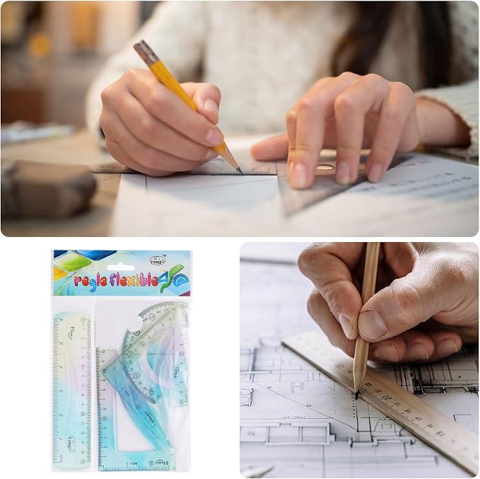 HARFINGTON 4pcs Triangular Ruler Set 20cm Plastic Flexible Straight Metric Soft Bendable Ruler Geometric Protractor Triangle Rulers for Home Office