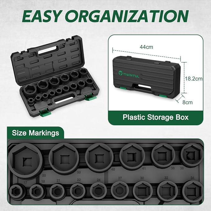 3/4 Inch Drive Impact Socket Set, 15 Piece, Metric, 17-55 mm | CR-MO, 6-Point, Heavy Duty, Storage Case, Easy-to-Read Size Markings, Rugged Construction for Large Vehicle, Truck, Trailer