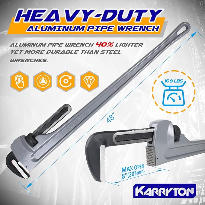 48 Inch Aluminum Pipe Wrench, 8"/200mm Adjustable Jaw Capacity, Heavy Duty Straight Handle Plumbing Wrenches Plumbers Tool, Exceed the Standard GGG (48-INCH)