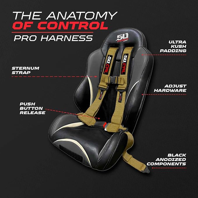 1pc 50 Cal Gold 4 Point Harness 3in Straps, Racing Harness Seat Belt | Ultra Kush padding, Push Button quick release hardware. Universal Fit for UTV, RZR, race car.