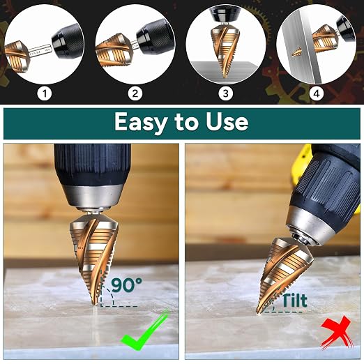 7/8" - 1-3/8" Four Spiral Flute Step Drill Bit, Unibit Step Bits, 3/8" Hex Shank for Metal Aluminum, Wood, Plastic (19 Size)