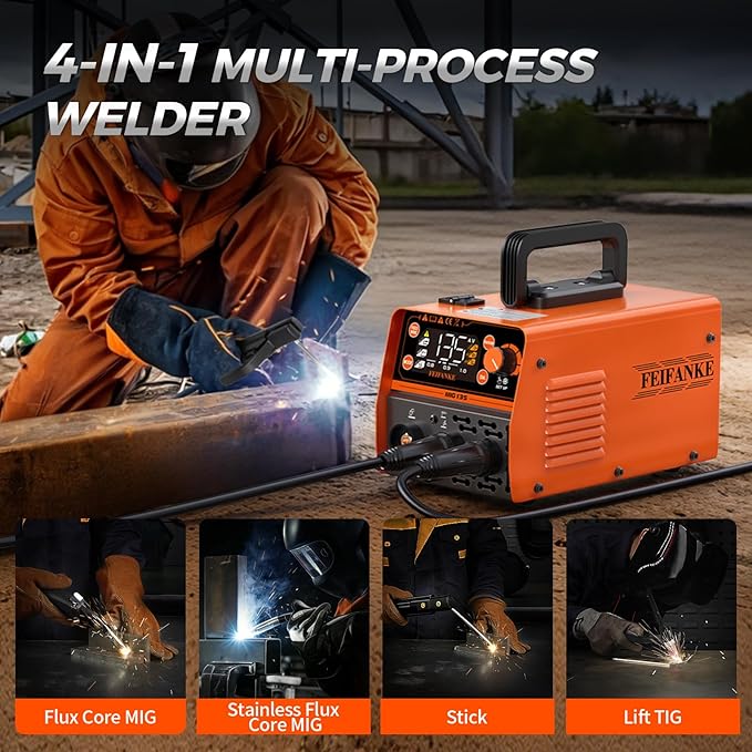 FEIFANKE 135A MIG Welder, 110v Flux Core MIG/Stainless Flux MIG/Stick/MMA/Lift TIG 4 In 1 Portable Multiprocess Welding Machine With LED Display, Synergic Wire Feed Welder IGBT For Thin Metal（6.6LBS）