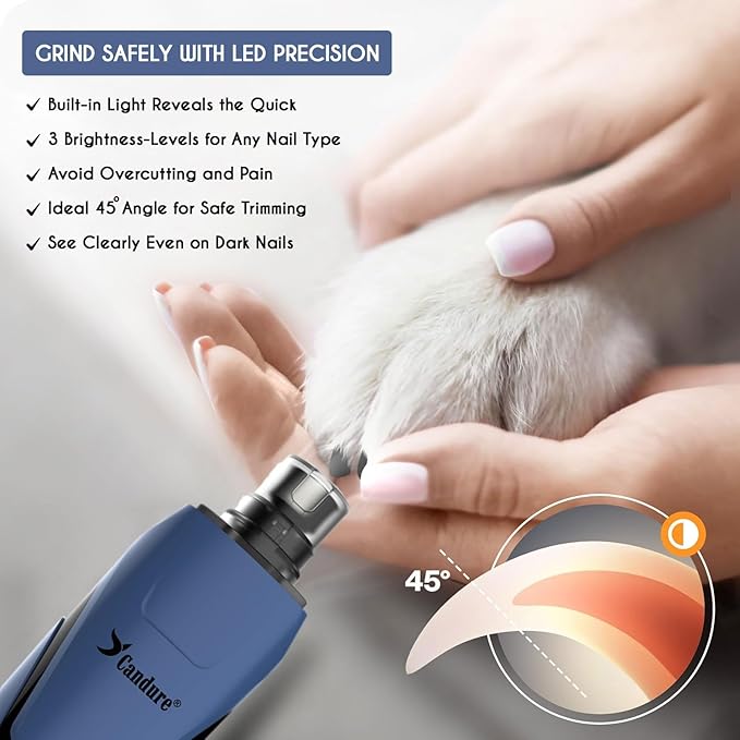 Candure Dog Nail Grinder Upto 6-Speed Dog Nail Trimmer for Large, Medium, Small Dogs, Cats & Pets - Low Noise Rechargeable Dog Claw Grinder with 360° LED Lights & Extra Grinder Head (Dark Blue)