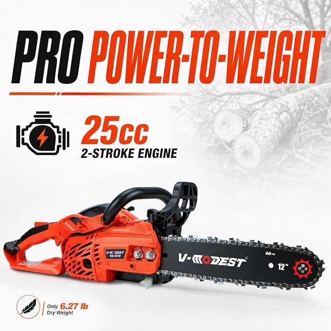 12 inch Gas Chainsaw, 25cc Lightweight Rear Handle Chainsaw | 2-stroke small gas chainsaw with auto oiler and side-access tensioner for tree pruning, branch trimming and yard cleanup