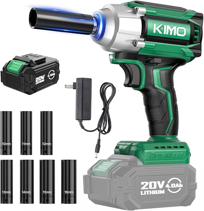 KIMO Cordless Impact Wrench, 550N.m/410ft-lbs, 4000 RPM, 7Sockets High Torque Impact Wrench with 3/8" Chuck, 4000mAh Li-ion Battery, Fast Charger, Variable Modes Power Impact Driver for Car Tires
