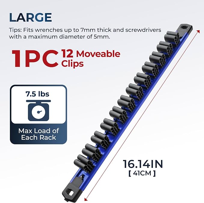 Reniteco Magnetic Screwdriver & Wrench Organizer, 12-Slot Tool Holder | Heavy-Duty Aluminum Alloy Rail Tool Holder, Flexible High-Tension Tool Clips, Magnetic Base, Tool Box Drawer or Wall Mount