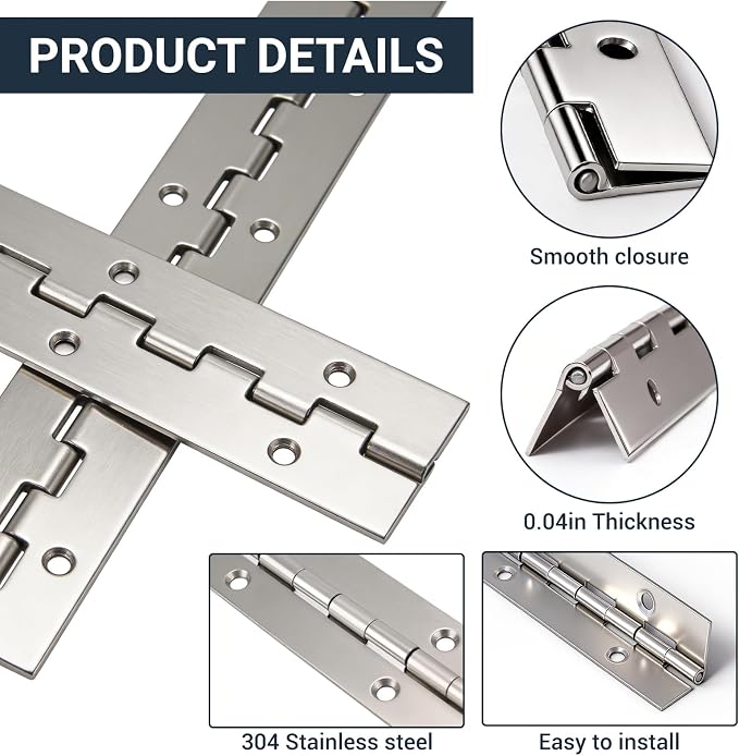 Piano Hinge, 12 Inch Stainless Steel Hinges with Holes and Stainless Steel Screws, Piano Heavy Duty Hinges, Suitable for Cabinets, DIY Storage Boxes, and Marine Scenarios