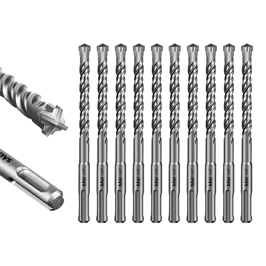 SALI 10PCS 3/8"*6" SDS Plus Rotary Hammer Drill Bit Concrete Drill Bit Kit Cross-Type Double Thread Carbide Material Suitable for Brick, Cement Walls, Stone, Hammer Drill Bits
