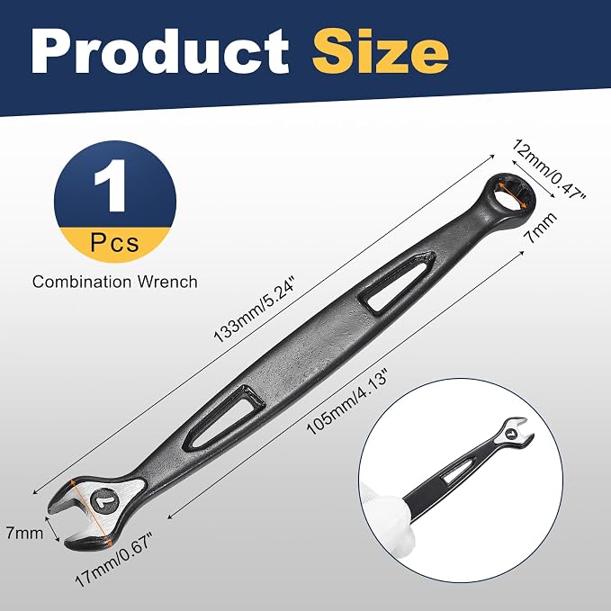 HARFINGTON Combination Wrench 7mm Metric Extra Long 12-Point Box and Open End Carbon Steel Double Ended Industrial Grade Spanner for Automotive Furniture Machinery DIY Repair, Black