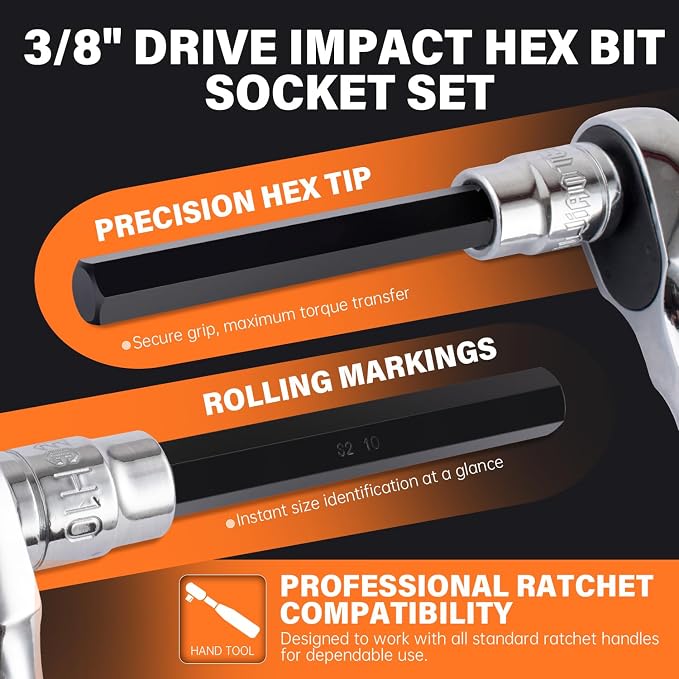 19-Piece 3/8" Drive Impact Hex Bit Socket Set | SAE/Metric, S2+CR-V, phosphate coated, long-reach, laser marked, case