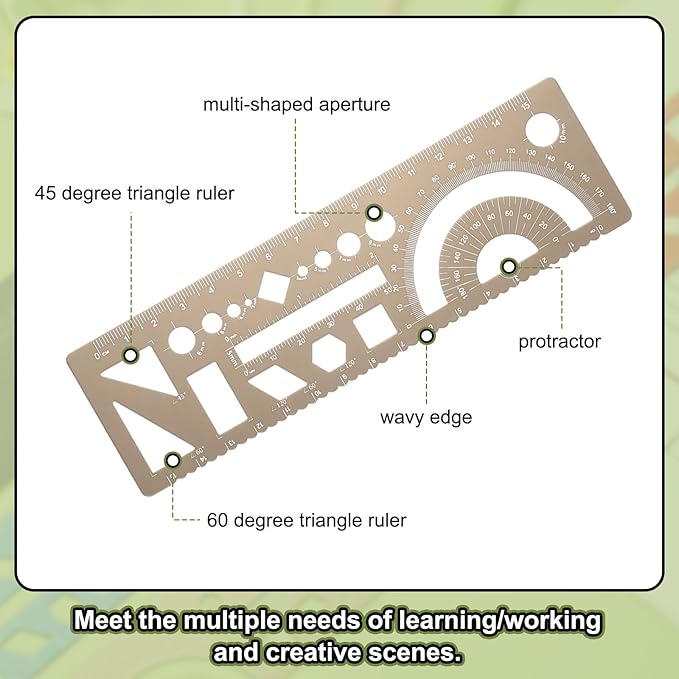 HARFINGTON Multifunctional Geometric Rulers 15cm Metric and SAE Aluminum Straight Edge Protractor Angle Math Measuring Ruler Geometric Drawings Templates for Drawing Drafting, Gold