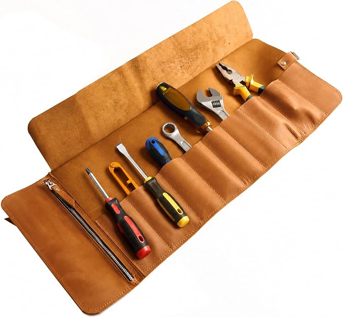 Genuine Leather Tool Roll – Compact Roll-Up Tool Organizer with Multiple Pockets for Wrenches, Screwdrivers & Pliers – Portable Leather Tool Storage Case, Warm Brown (Tools Not Included)
