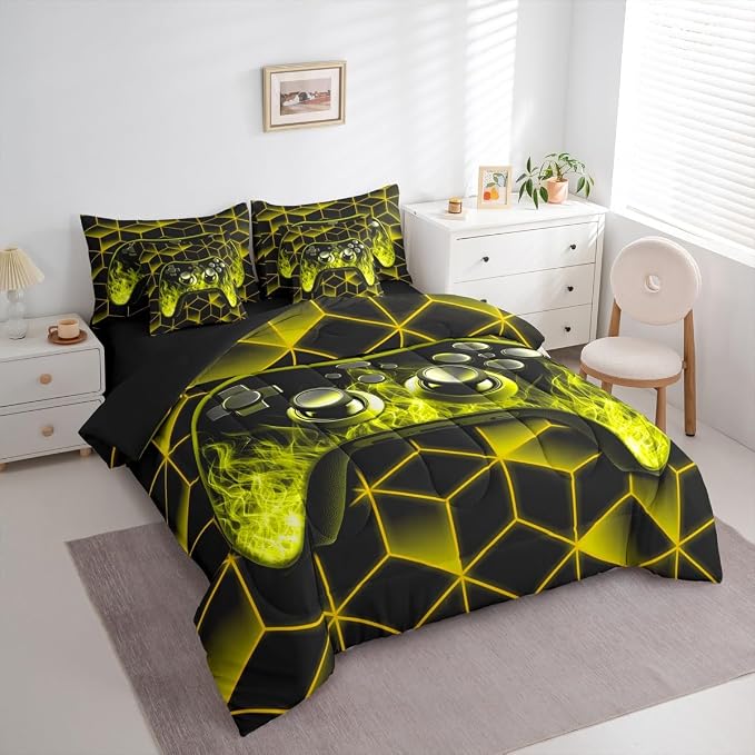Game Consoles Bed in a Bag King Size Comforter Set 7 Pieces,Neon Geometric Gamepad Gamer Bedding Set,3D Geometric Gamer Sheet Set Yellow Flame Bed Set,Gaming Decor for Boys Bedroom Gamer Gifts