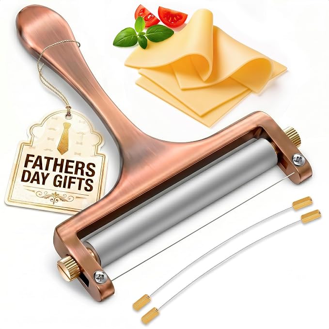Handheld Wire Cheese Slicer with Adjustable Thickness - Stainless Steel Cheese Slicer with 2 Replacement Wires for Thick & Thin Portion Slices - Suitable for Mozzarella, Cheddar, Gruyere, Raclette