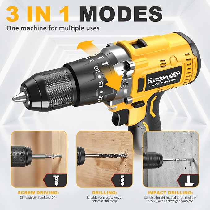 1060In·lbs Cordless Power Drill - 21V Brushless Hammer Drill Set w/ 2×4.0Ah Battery, 20+3 Torque, 2 Speed, 1/2" Metal Chuck for Home DIY Woodworking Thin-Metal Brick Light-Concrete Drilling